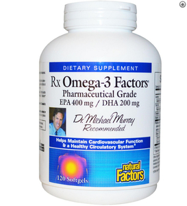 Natural Factors自然因素, Rx Omega-3 Factors高含量深海鱼油, EPA 400 mg / DHA 200 mg, 120粒