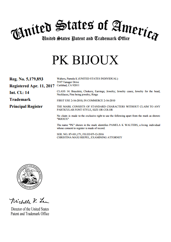 PK Bijoux trademark certificate